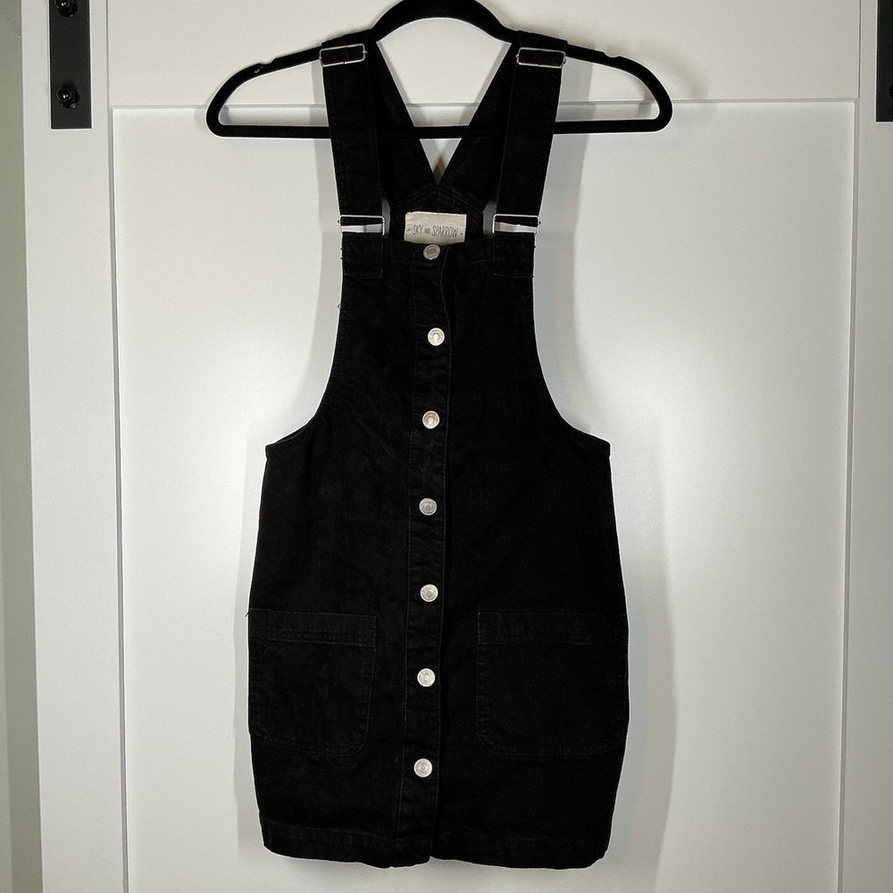Sky & Sparrow Black Denim Overall Bib Jumper Dress Dark‎ Academia Grunge Small